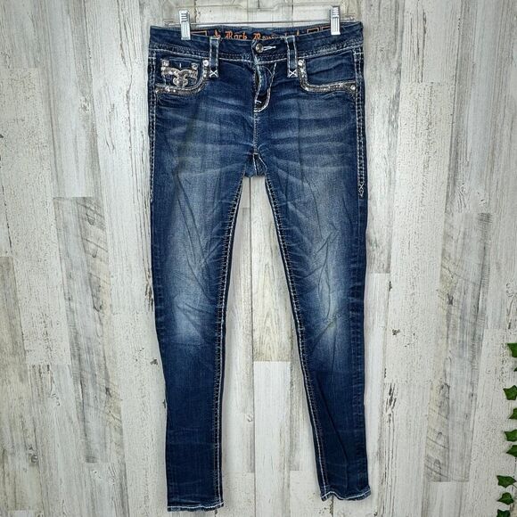 Rock Revival Women’s 28 Boris Skinny Jeans Dark Wash Y2K Whiskering Faded Fleur - Picture 2 of 12